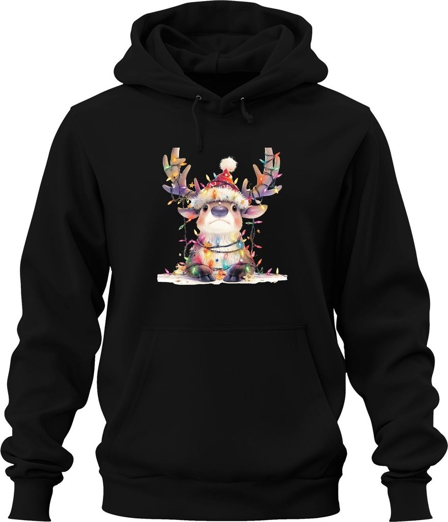 Süßes Rentier Lichterkette Weihnachten Geschenk Kinder Cartoon Uni Hoodie Kapuzenpullover, Schwarz, XXL