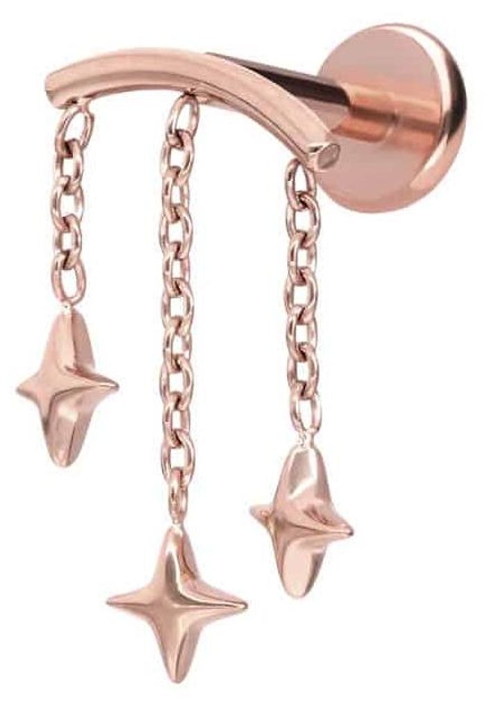 Ohrpiercing, Nasenpiercing Titan Labret mit Push Fit BOGEN + 3 STERNE RoséGold Stablänge: 8mm | Stabstärke: 1mm