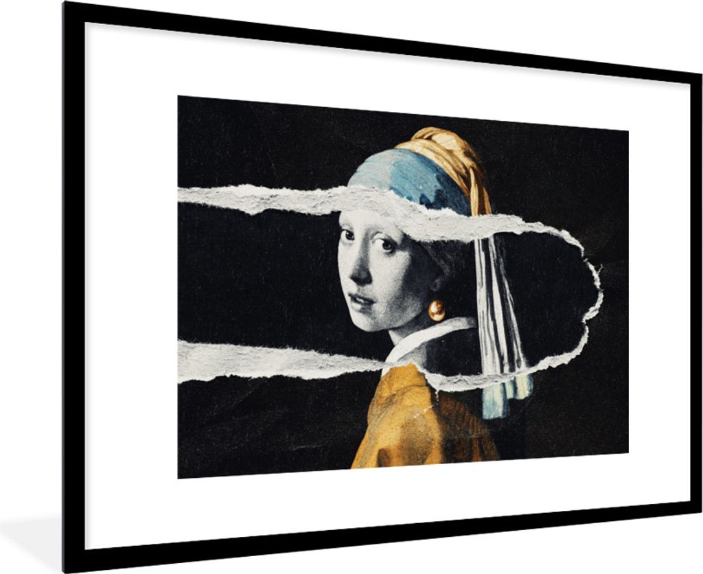 MuchoWow Gerahmtes Poster Mädchen mit Perlenohrring - Gold - Vermeer - Schwarz - Weiß 90x60 cm - Poster mit Schwarzem Bilderrahmen Wandposter R...