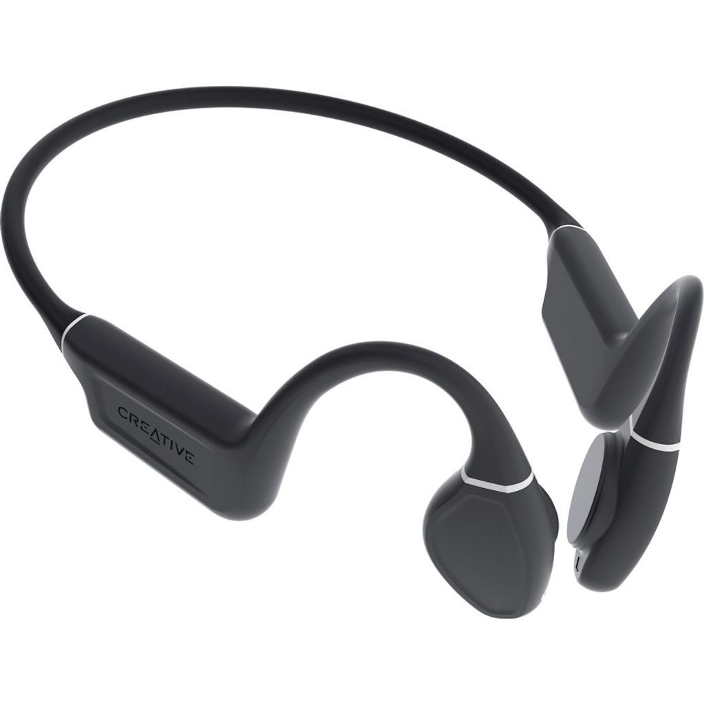 A pair of black bone conduction headphones on a white background.