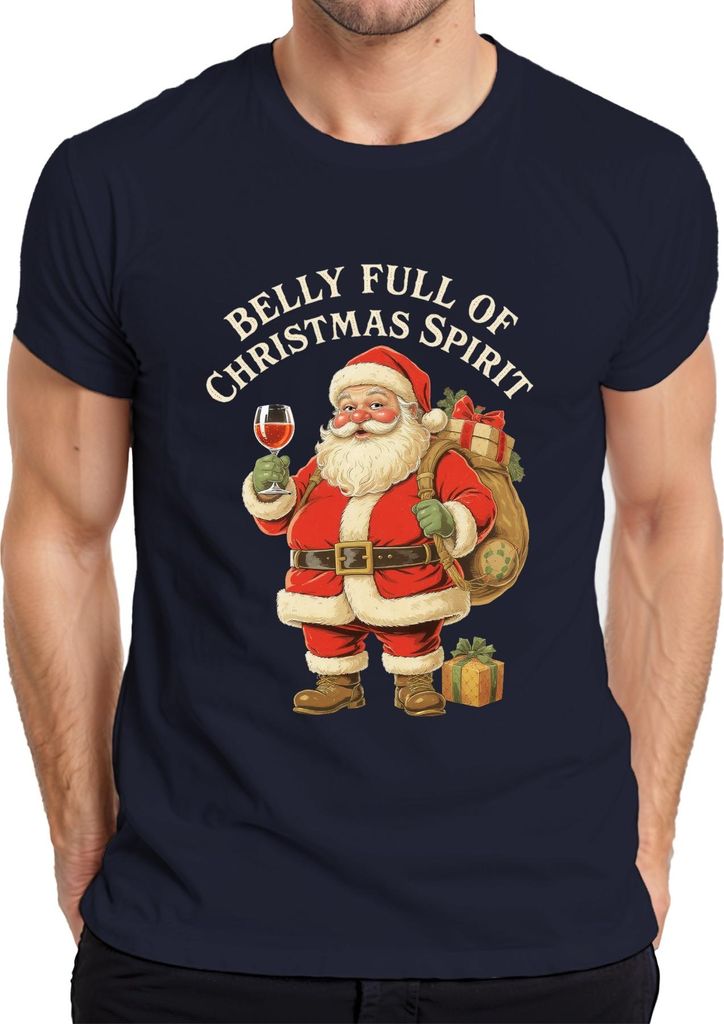 Belly Full Of Christmas Spirit Weihnachtsmann Santa Wein Lustig Herren T-Shirt, Navy, S