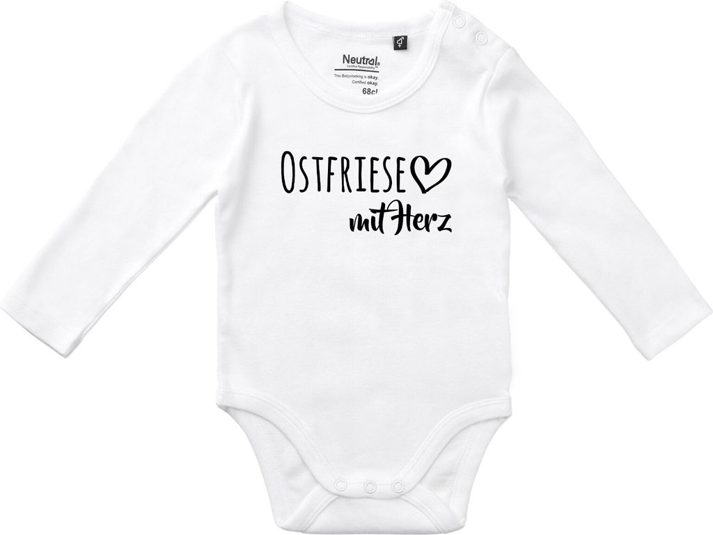 Huuraa Baby Body Ostfriese mit Herz 68 White Baumwolle Fairtrade Langarmbody Geschenkidee