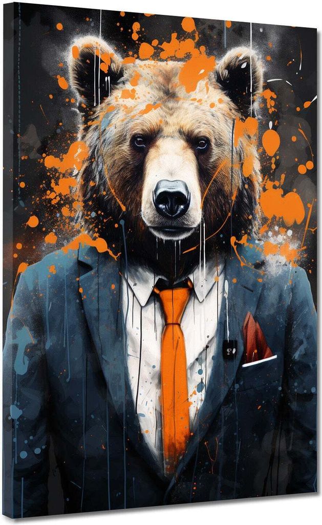 Bär im Anzug Pop Art Leinwandbild Wandbild abstrakt Kunstdruck XL Wanddeko: 90x120x4cm