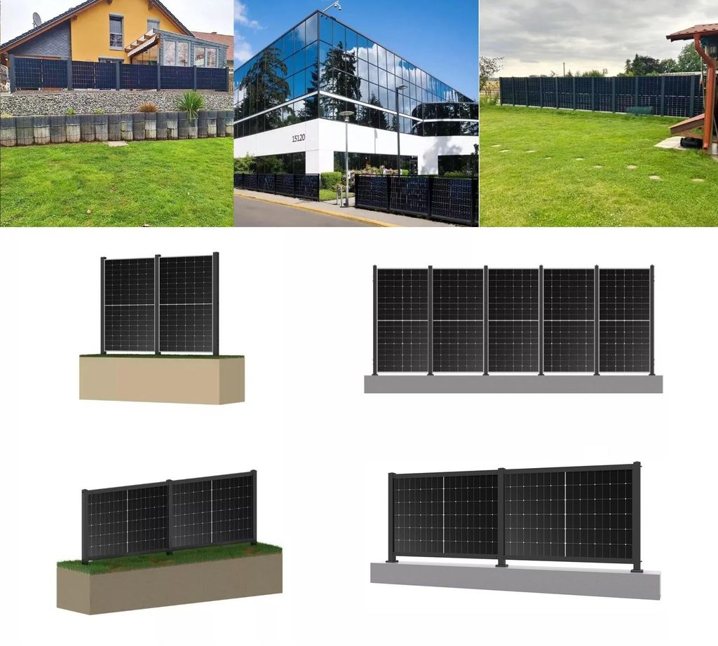 Solarzaun 4.0 Schwarz (rostfreier Stahl), für 5 1762mm Module, in vertikaler Ausrichtung, mit Standfuß. Solar Zaun PV