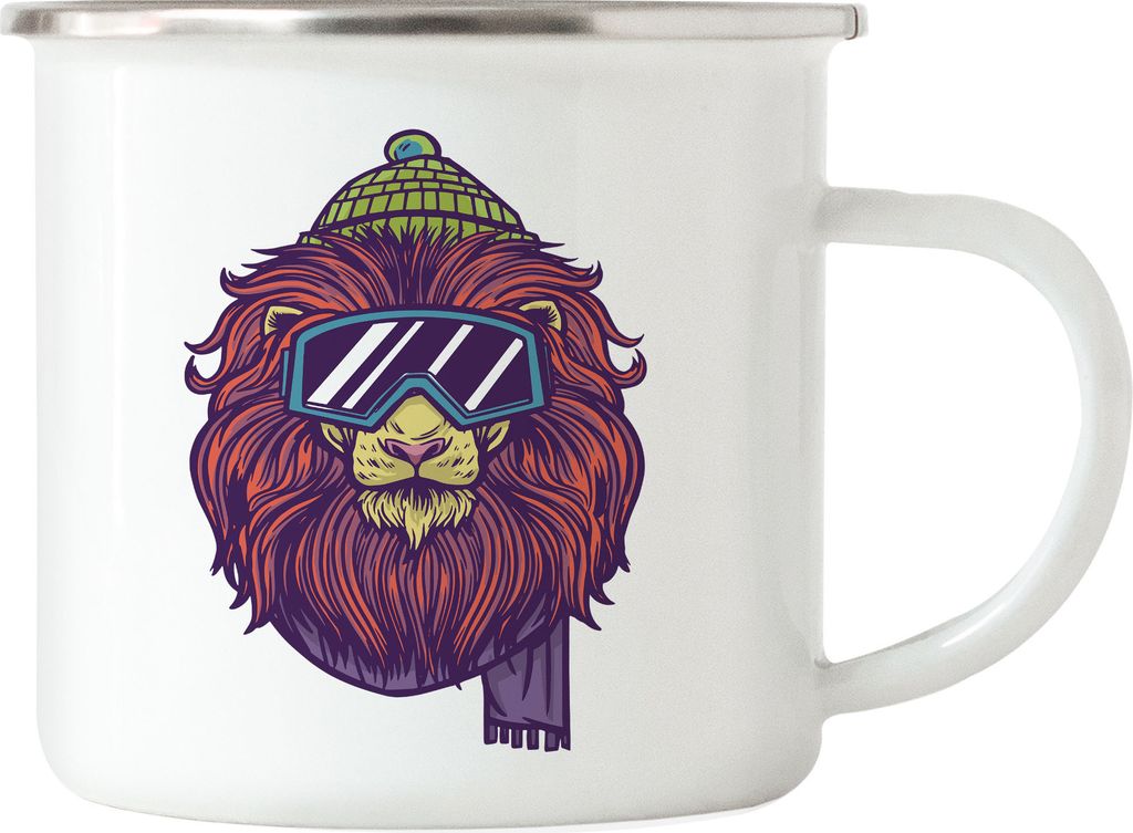 Ski Löwe Emaille Tasse Skifahrer Skibrille Skifahrerin Wintersport Ski Skipiste Sport Bewegung Skifahren Skilift