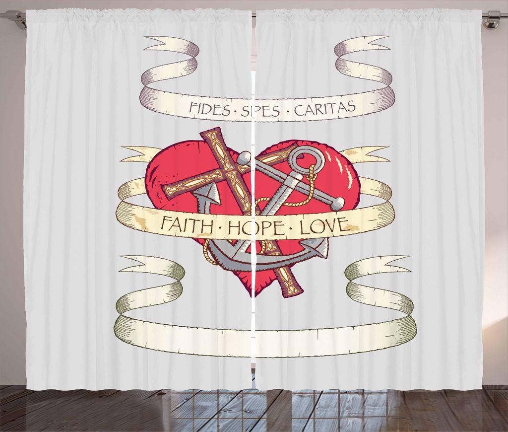 ABAKUHAUS Hoffen Rustikaler Gardine, Anker auf Herzmotiv, Schlafzimmer Kräuselband Vorhang mit Schlaufen und Haken, 280 x 225 cm, Beige Grau Rubin