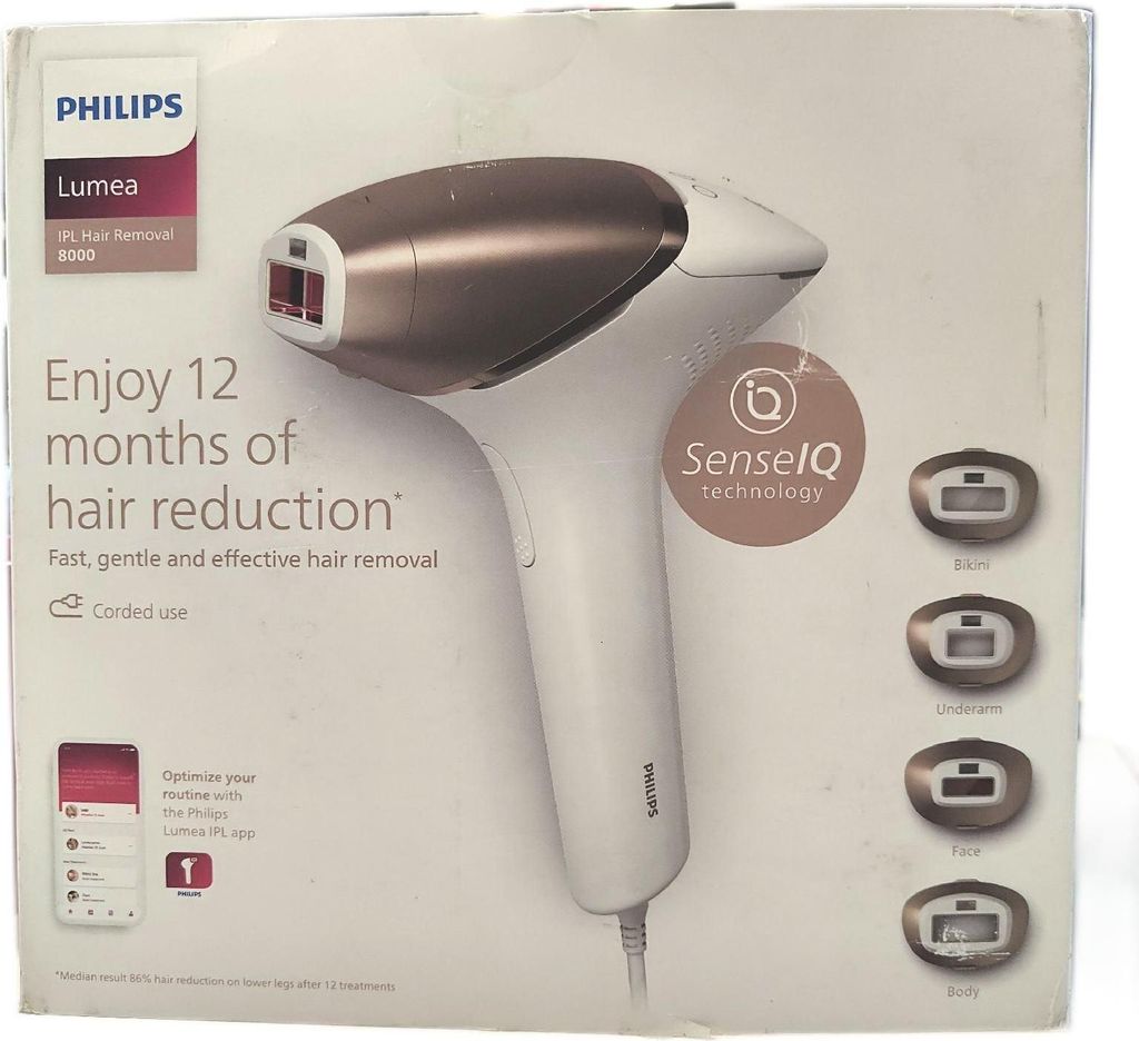 The image shows the retail packaging of a Philips Lumea IPL Hair Removal device.