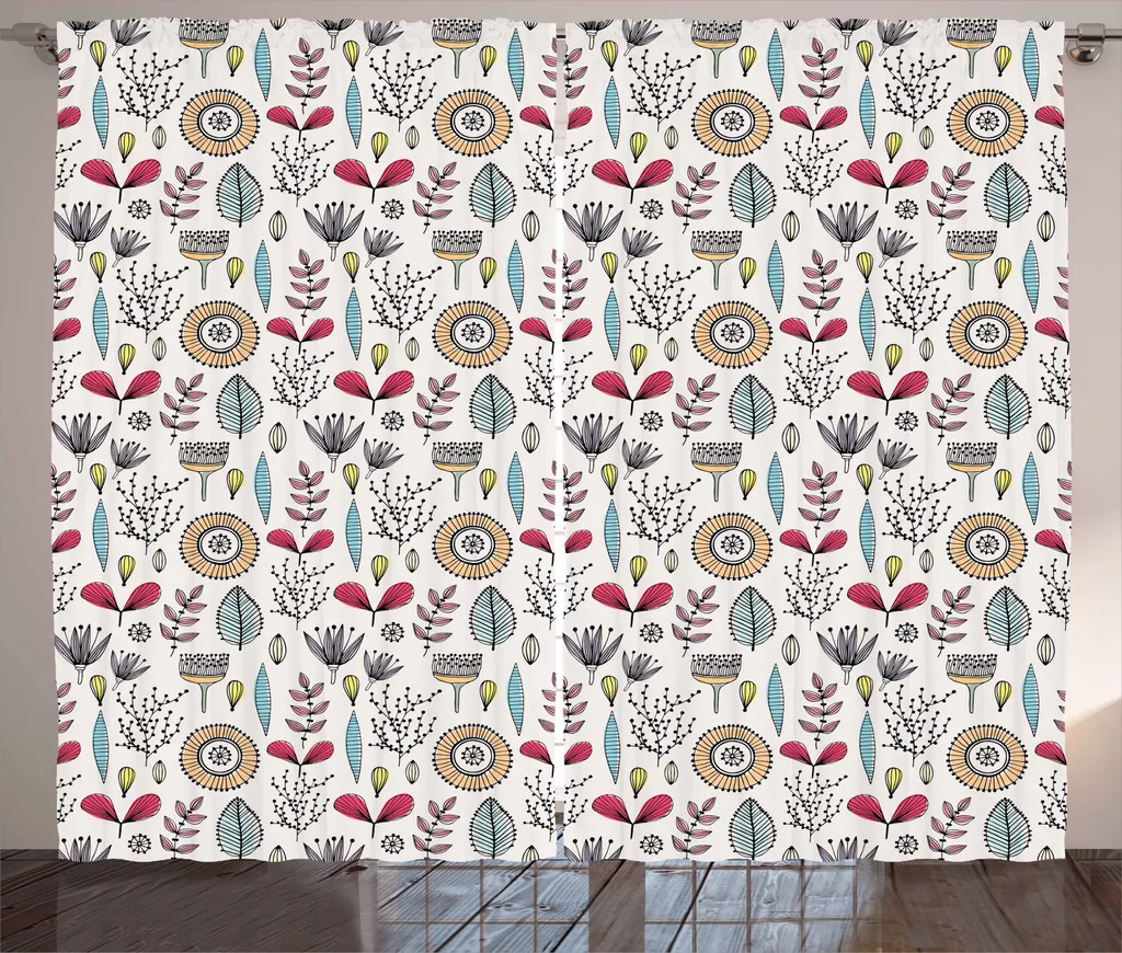 ABAKUHAUS Tenda botanica rustica, erbe astratte doodle, tenda con passanti e ganci per camera da letto, 280 x 245 cm, multicolore