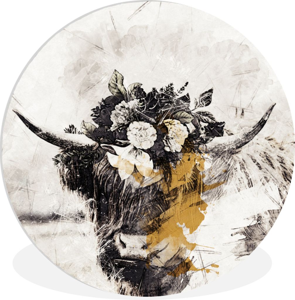 MuchoWow Rundes Wandbild - Runde Bilder Schottischer Highlander - Blumen Ø 90 cm Kreis Wanddekoration Kunststoff - Wandkreis - Wandschmuck - Wan...