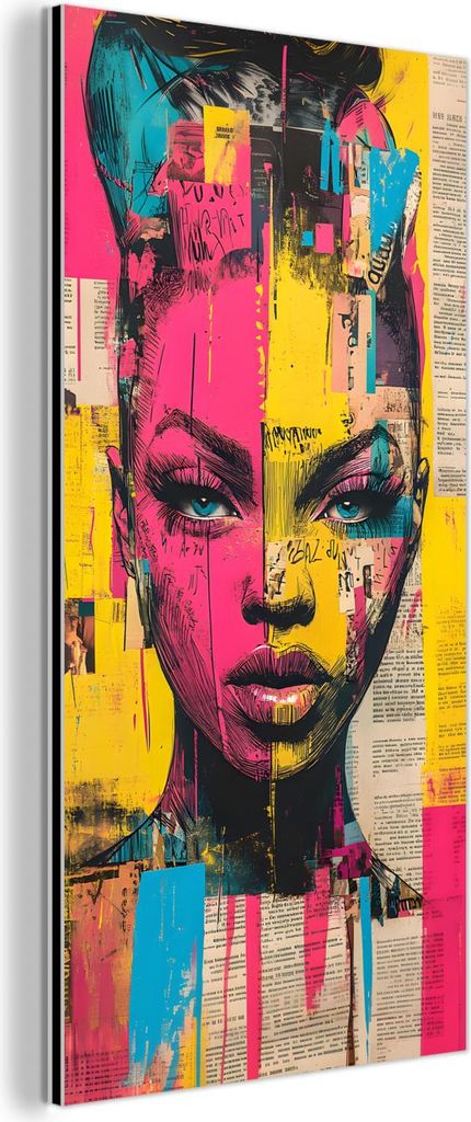 MuchoWow Wanddekoration Metall Metallbild Wandkunst 40x80 cm Frauengesicht - Zeitungspapier - Abstrakt - Rosa MuchoWow Aluminium Gemälde - Wanddek...