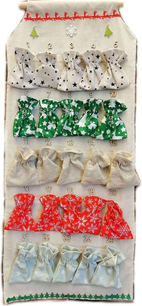 Love Gifts Adventskalender für Kinder groß, 24 Taschen zum selber Befüllen an einem Holzstab und einer Juteschnur zur Wandaufhängung, Kalender