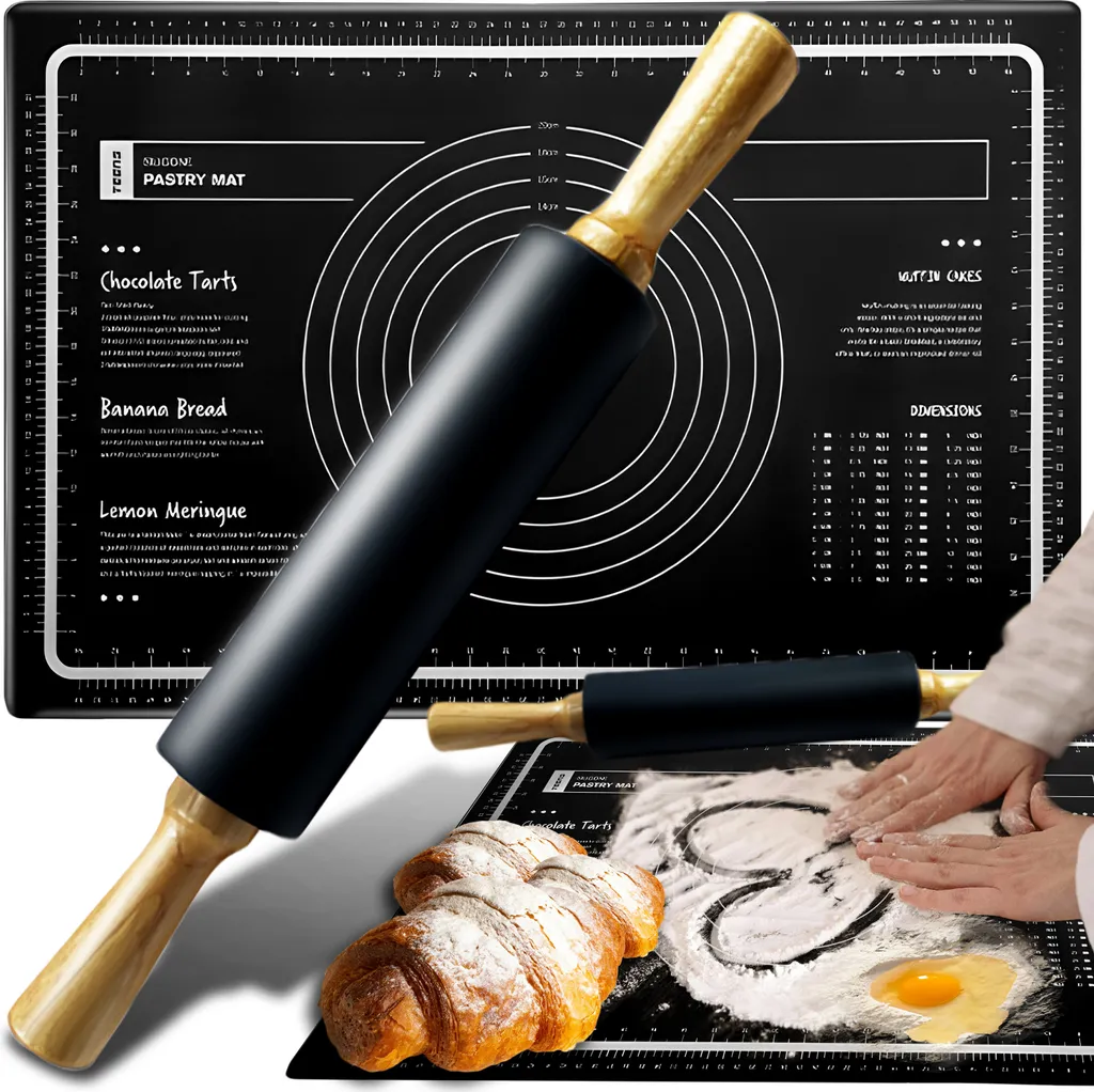 Tapis de cuisson en silicone Retoo 60x40cm noir avec rouleau à pâtisserie