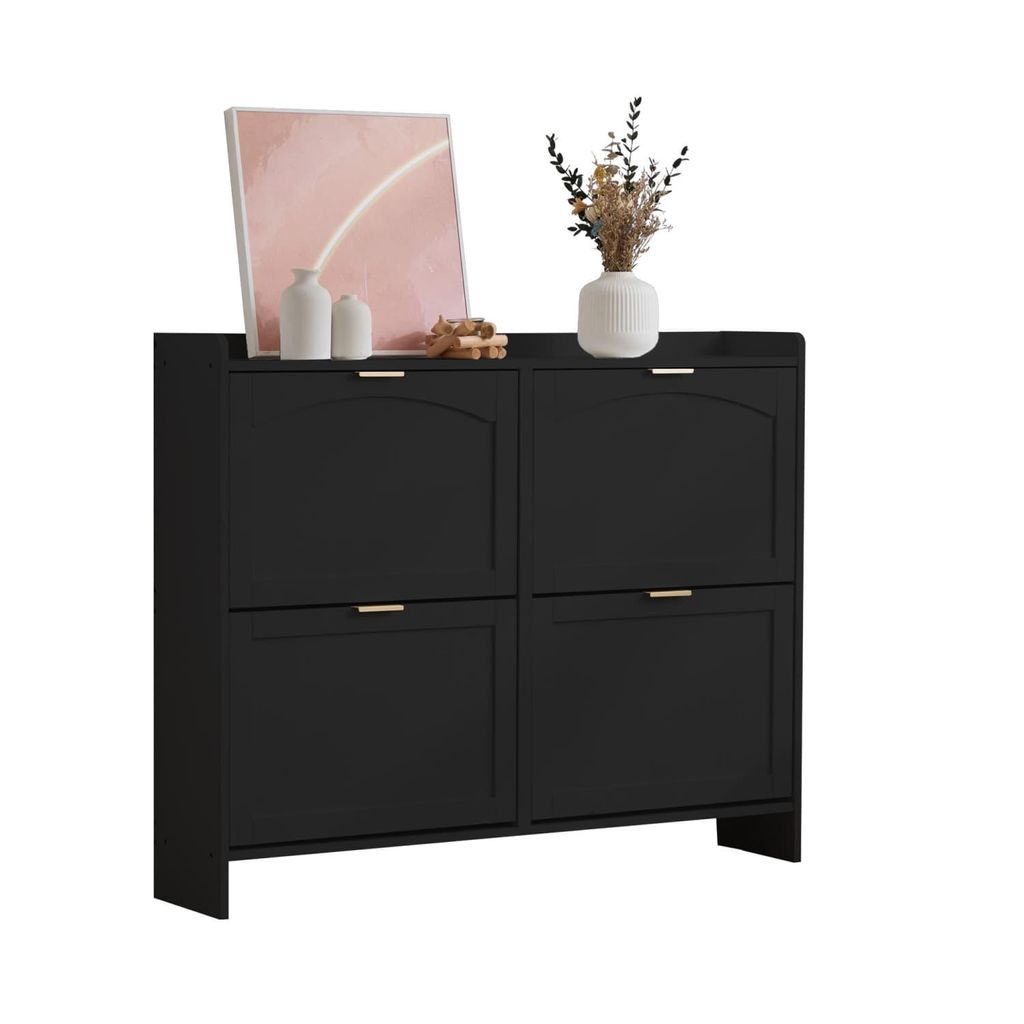 Moderner Schuhschrank(Schwarz)mit 4 Klappenfächern, freistehendem Schuhregal, offenen Ablageflächen, geeignet für Eingangsbereich oder Flur