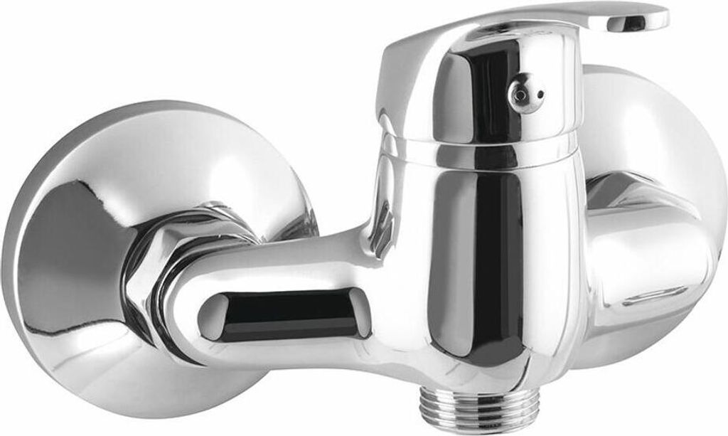 A chrome-plated wall-mounted faucet without a spout, shown against a white background.