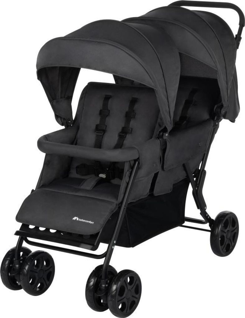 A twin stroller is shown from a front-diagonal angle against a plain background.