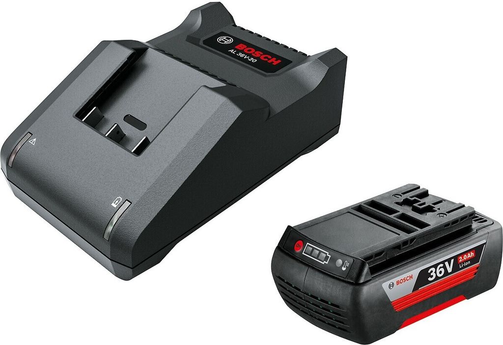 A black Bosch battery charger and a black Bosch 36V battery are shown against a white background.