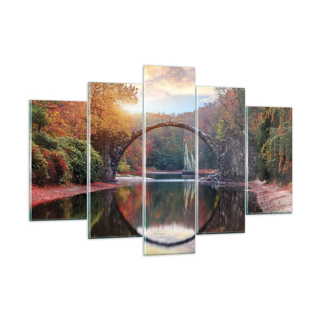 Bilder auf glas - 5 Teile - Garten Rhododendren Brücke - 150x100cm - Glasbilder - Wandbilder - Bilder - Wanddekoration aus Glas - Glas Bilder - Wa...