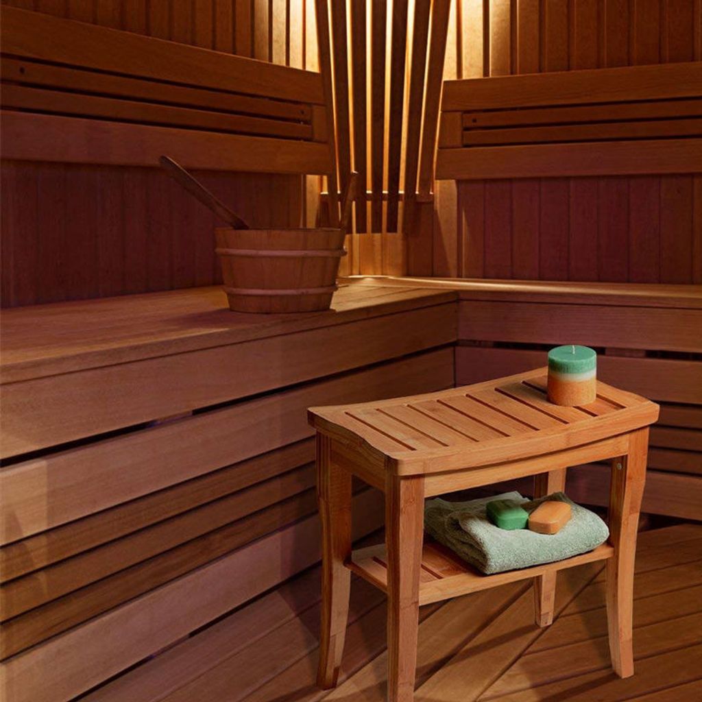 Decopatent Bambus Badezimmer - Saunabank mit Stauraum - Holztisch für Bad oder Sauna - Badezimmerhocker - Badezimmerstuhl
