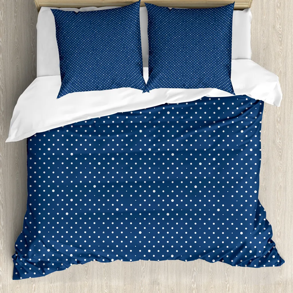 ABAKUHAUS Copripiumino blu navy, pois e stelle retrò, antiacaro e anallergico, con federe, 200 cm x 200 cm - 80 x 80 cm, indaco bianco