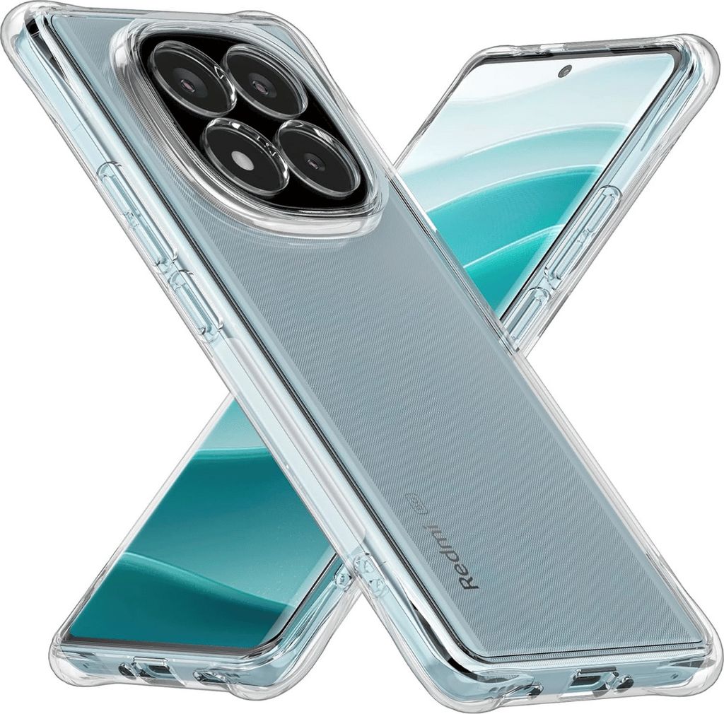 Two transparent phone cases are shown diagonally, with one partially obscuring the other. The cases are designed for a Xiaomi Redmi Note 14 Pro Plus 5G.