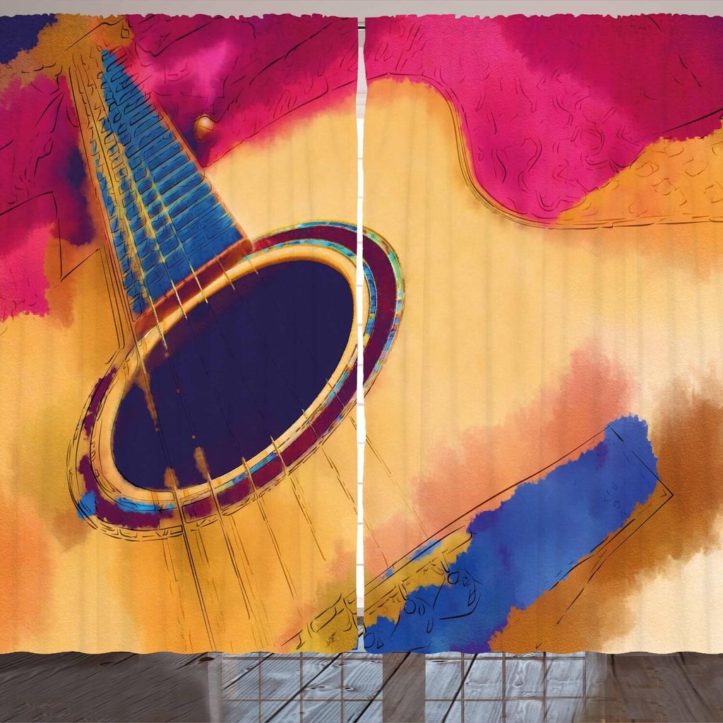 ARANDE Gitarre Gardine, Abstrakte Zeichenketten-Muster-Aquarell-Effekt Vintage Inspirationen, 280 x 175 cm, Violet Blue Magenta