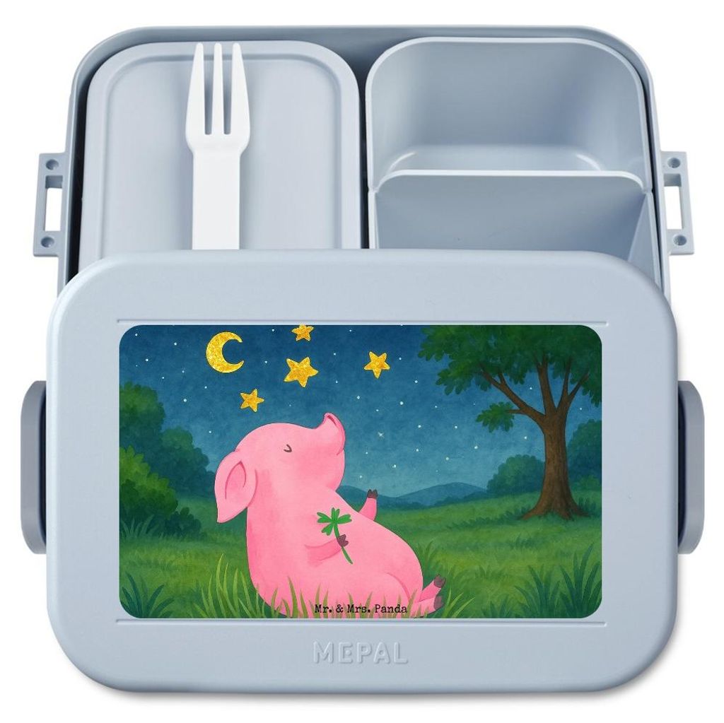 Mr. & Mrs. Panda Bentobox Schwein Glück Design - Blau Pastell - Geschenk, Motivation, Schweinchen, Essensbox, Ziele, Gute Laune, Vesperbox, Sterne...