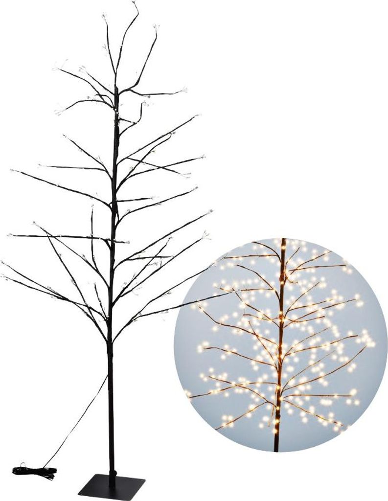 A decorative LED tree with a close-up inset.
