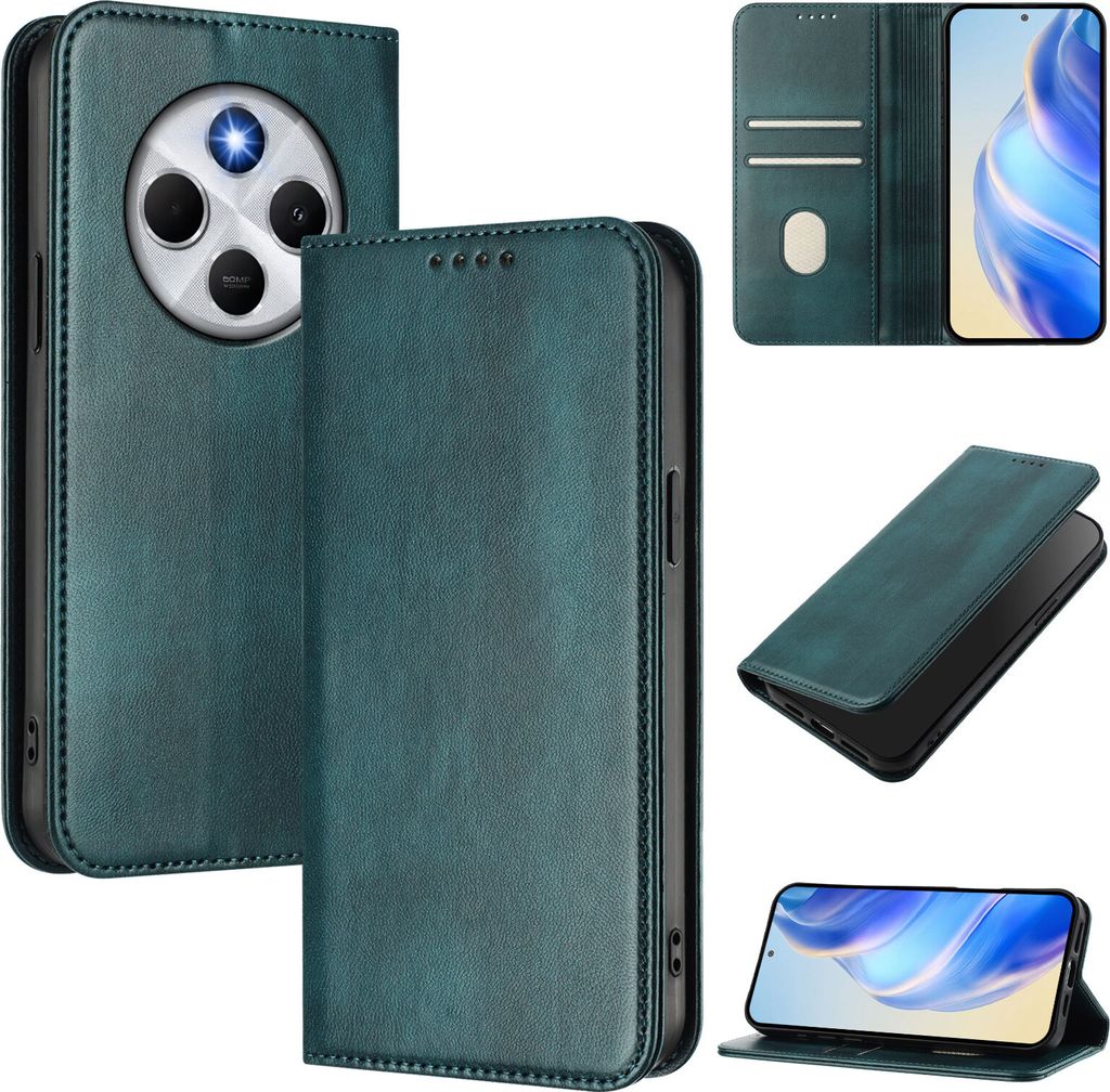 Handyhülle für Xiaomi Redmi 14C/Redmi A4/Poco C75, Vintage Leder RFID Schutz Kartenfach Standfunktion Magnetische Klapphülle Grün