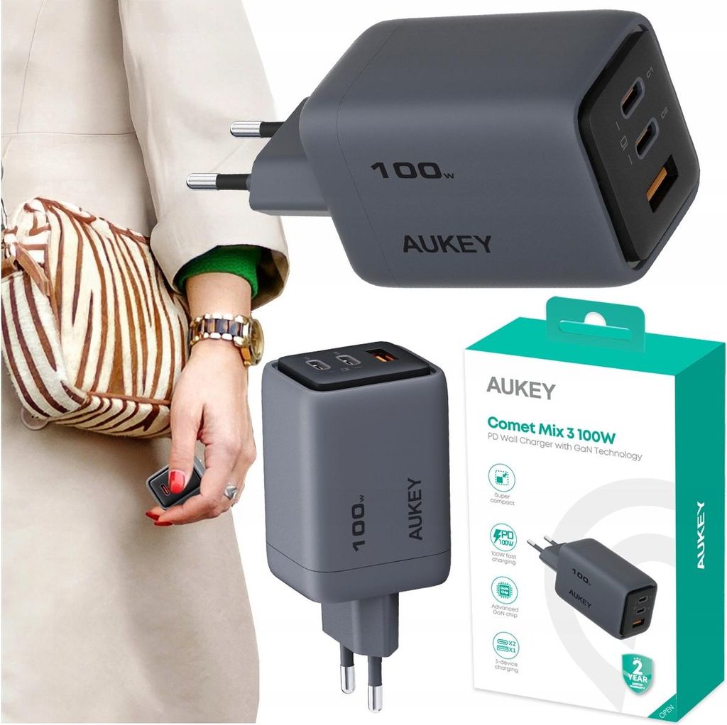 A collage of a person holding a charger, a charger, and its packaging.