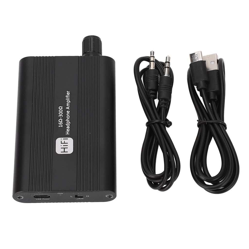A black portable HiFi headphone amplifier and its accessories are displayed against a white background.