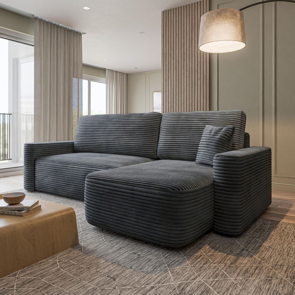 Masseno Ecksofa NERI T mit Schlaffunktion L-Form, Sofa mit Bettkasten, Wohnzimmersofa, Couch, Soffa, Bettsofa, Couchgarnitur- Grau, TILIA 90