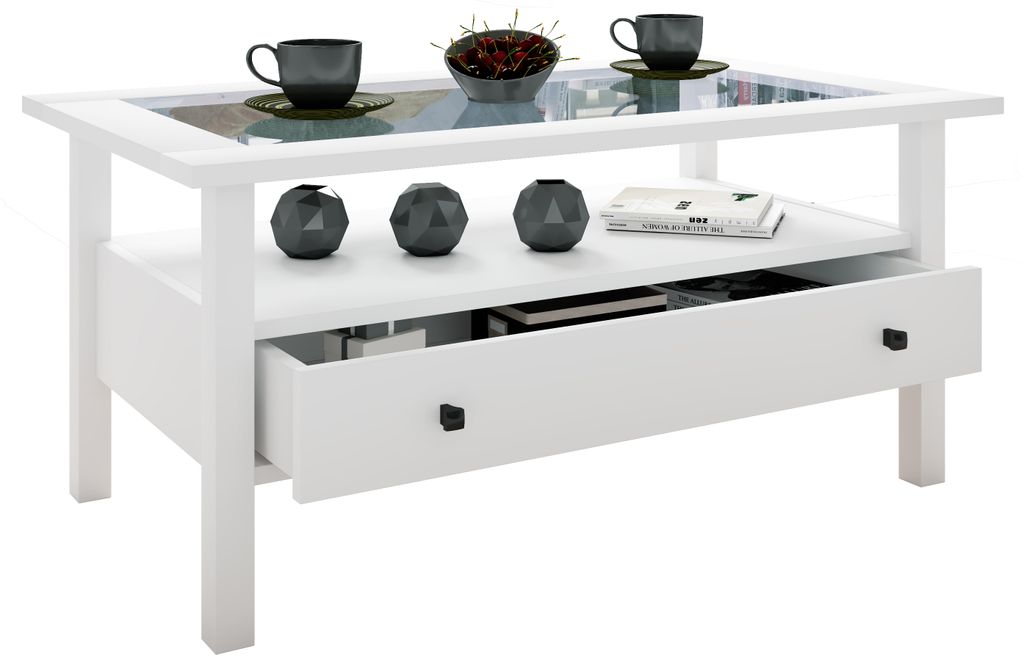 A white coffee table with a glass top, a shelf, and a drawer, displayed against a white background.
