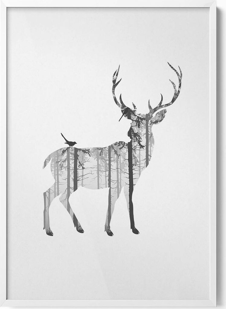 Silhouette eines Rehs und eines Waldes– Wandbild mit Rahmen – Gerahmtes Bild – Wanddekoration – 70x100 cm – Weiß Rahmen