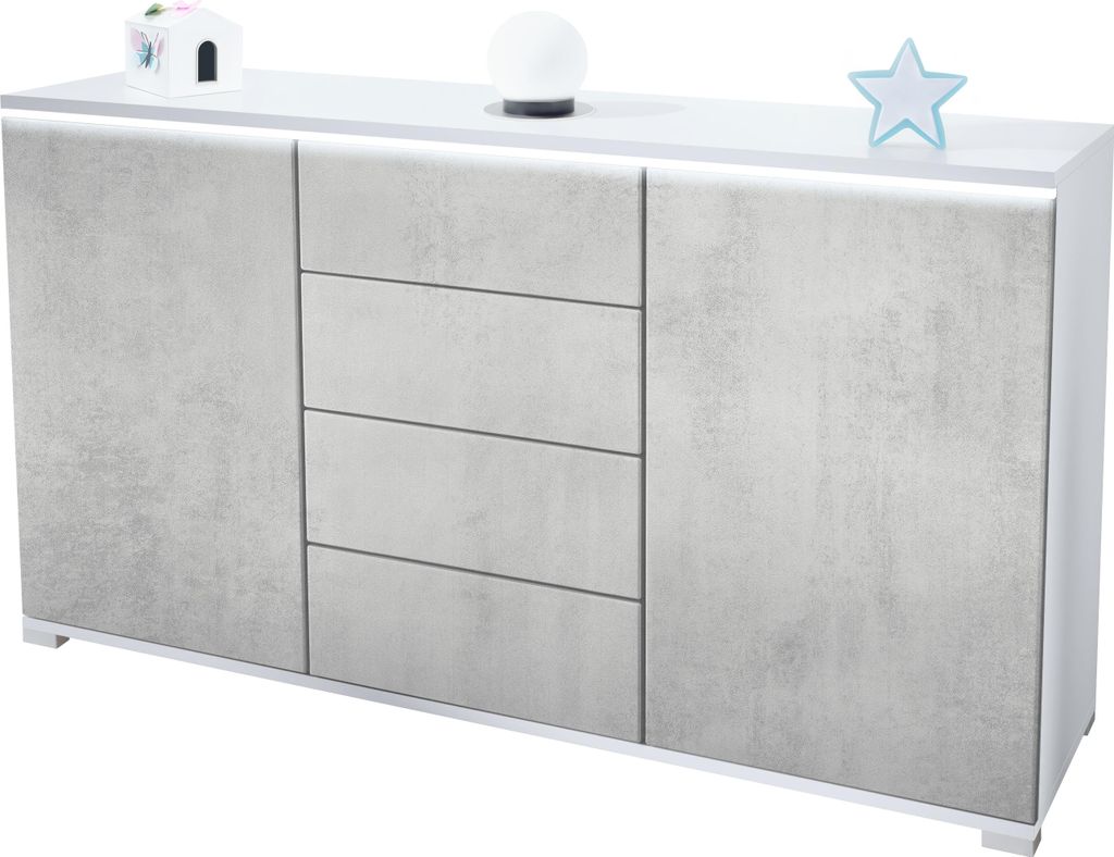 Vladon Sideboard Faro V1 - Kommode mit 2 Türen & 4 Schubladen, Schrank mit LED Lichtleiste, Weiß matt / Beton Oxid Optik (138,5 x 75,5 x 35)