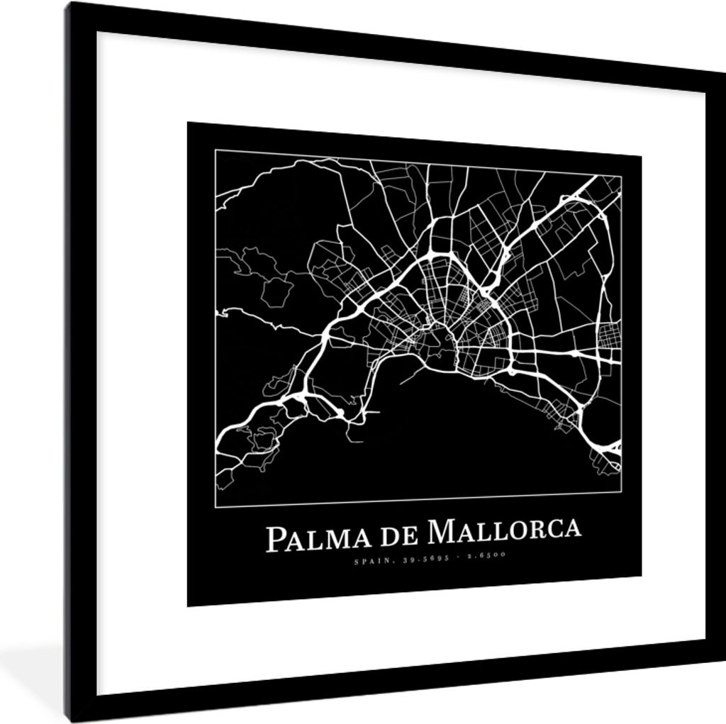 MuchoWow Gerahmtes Poster Karte - Stadtplan - Palma de Mallorca - Karte 40x40 cm - Poster mit Schwarzem Bilderrahmen Wandposter Rahmen Foto Bilde...