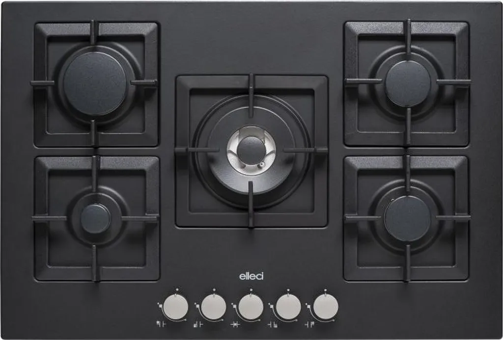 Elleci Plano 75 TCC Noir Plaque de Cuisson Gaz 75 cm 5 Brûleurs Encastrable