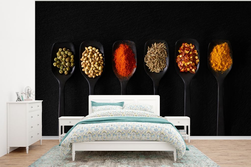 MuchoWow Fototapete für Wohnzimmer oder Schlafzimmer Wandtapete Vinyl Motivtapete Löffel - Gewürze - Schwarz - Gewürze - Rustikal - 375x280 c...