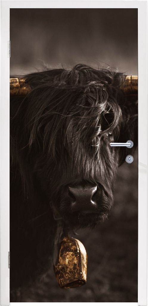 MuchoWow Türtapete Selbstklebende Türfolie Schottischer Highlander - Fell - Schwarz 85x205 cm Türposter Türaufkleber Klebefolie Türklebefoli...