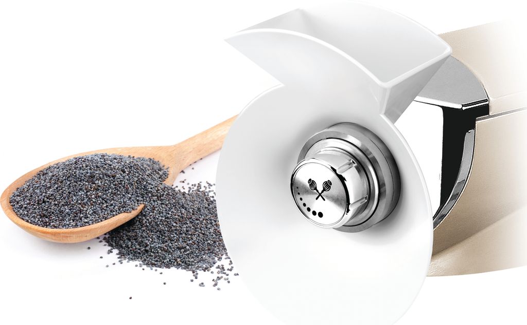A wooden spoon full of poppy seeds next to a kitchen appliance.