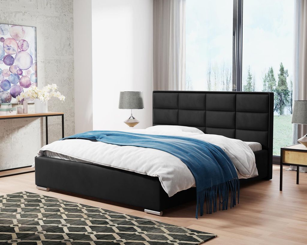 Polsterbett mit Metallrahmen und Gaszylinder Uno, Doppellbett mit bettkasten, Polsterpaneelen (Stoff: kronos 07 - schwarz, Große: 180x200 cm)