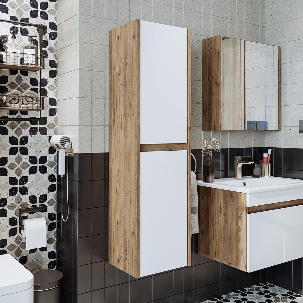 Roomart ATRIA-100 Badmöbel - nur Hochschrank - H 115 x B 30 x T 35 cm - Weiß-Eiche