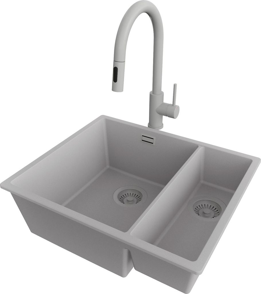 PRIMAGRAN Unterbauspüle Granit Grau 56x47cm, Spülbecken 1,5 Becken + Küchenarmatur 40x20cm + Ablauf-Set, Granitspüle ab 60er Unterschrank - Lon...