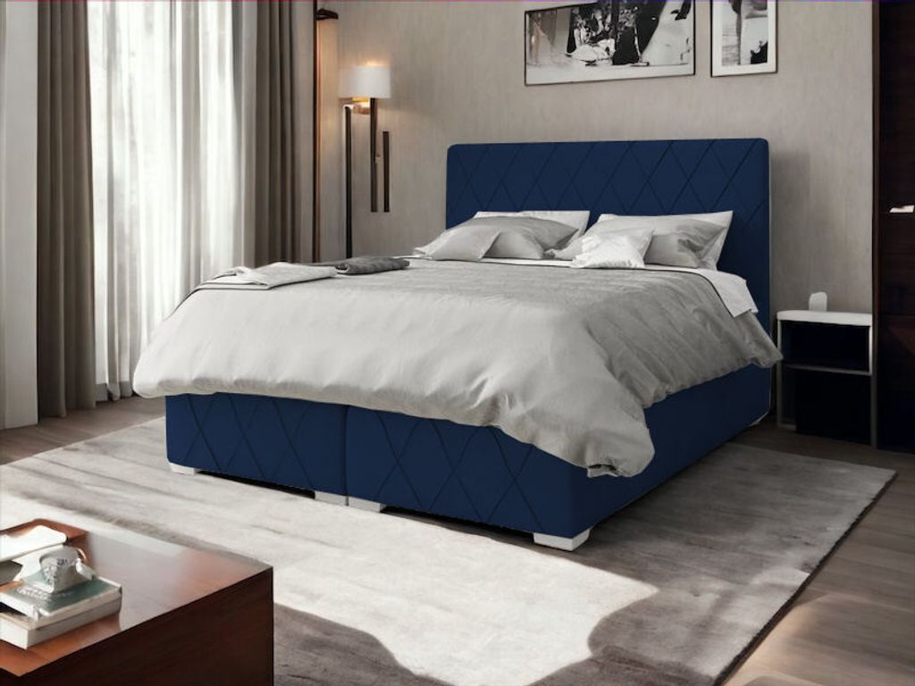 Boxspringbett GENESIS 140 x 200 cm Amor Velvet 13 Dunkelblau Bett mit zwei Bettkästen und Matratze,Komplett-Set mit Topper, Doppelbett, Polsterbett