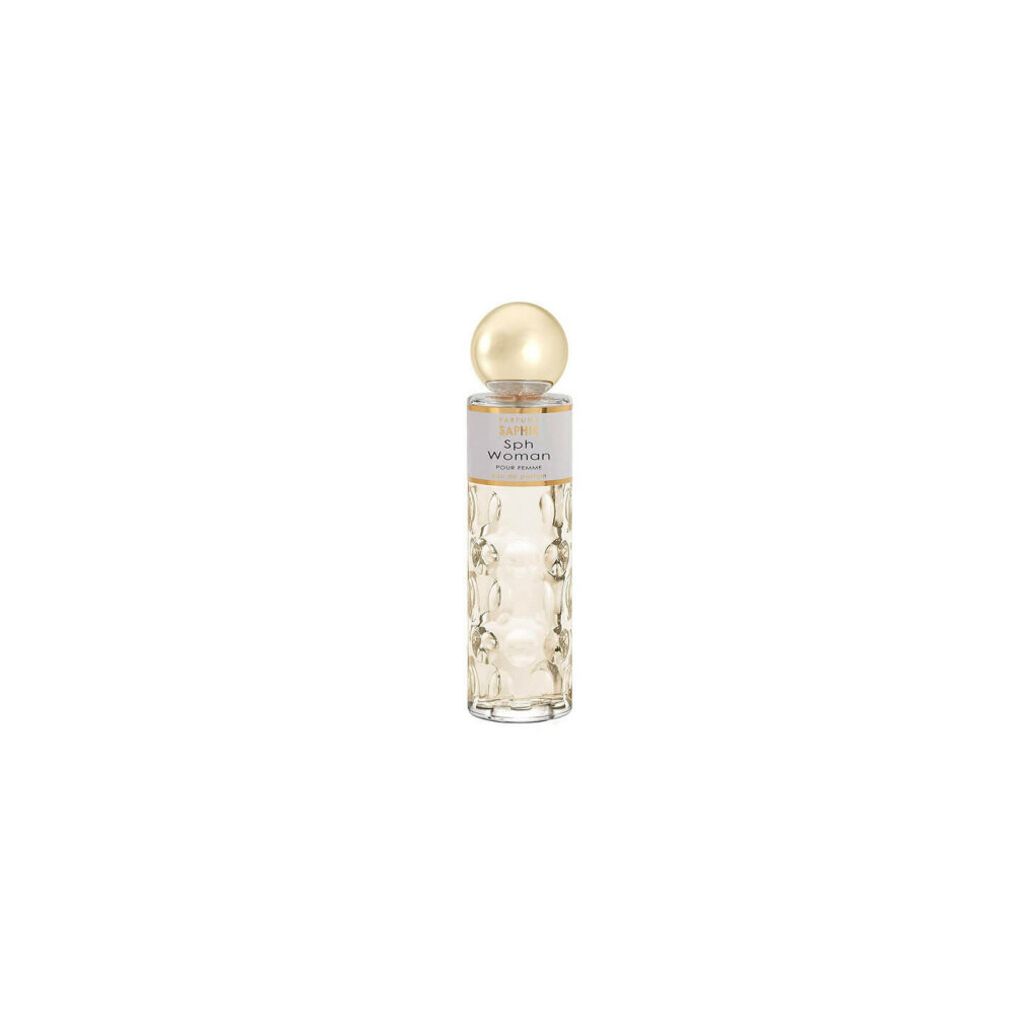 A perfume bottle with a gold cap and a clear, textured glass body.