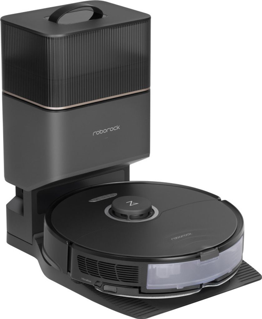 A black robot vacuum cleaner with its charging and emptying station.