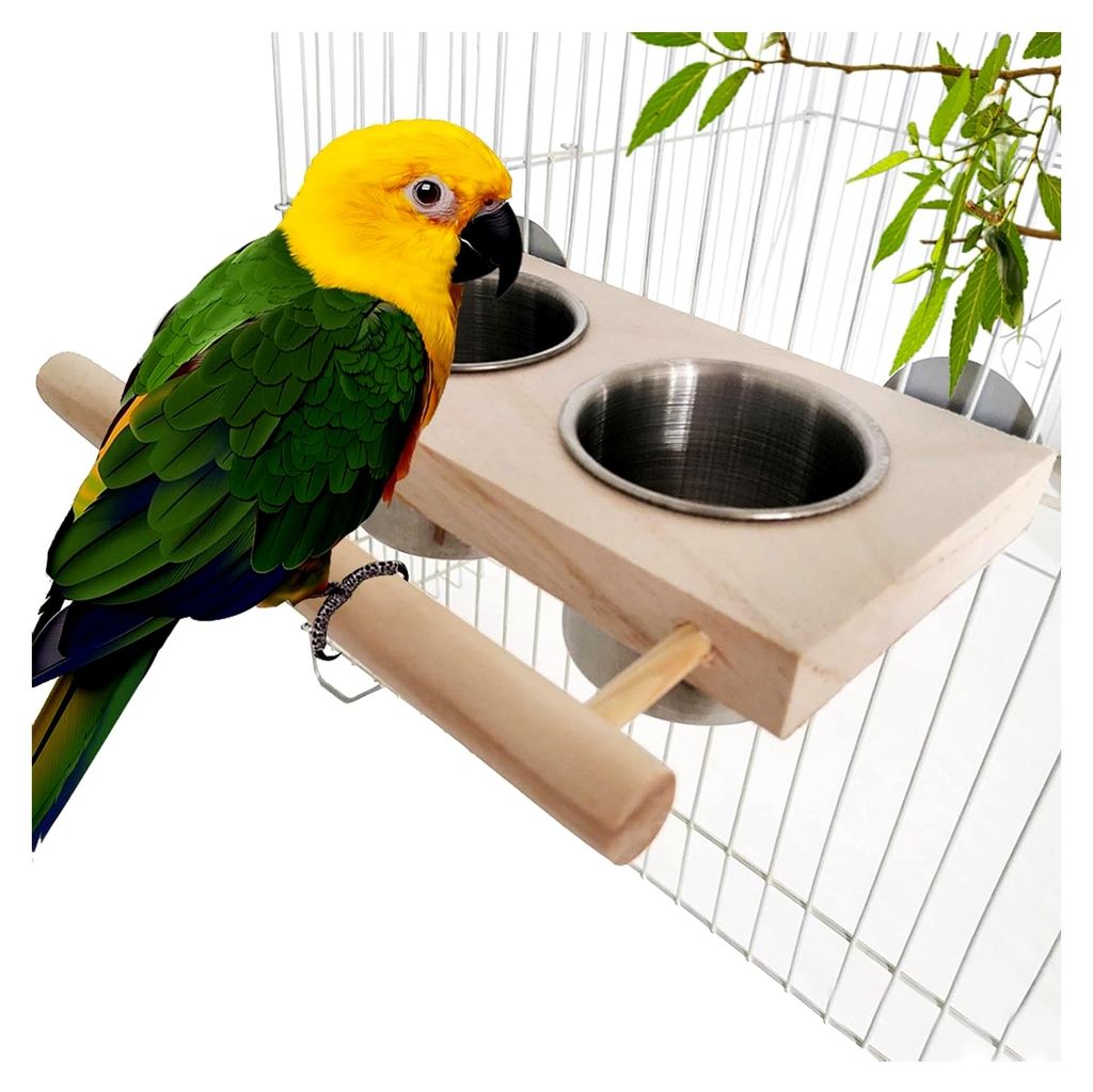 Futternapf aus Edelstahl mit Holzsitzstange, Doppelnapf für Papageien, Wellensittiche, Sittiche und Kleintiere, Futter- und Wassernapf für Käfig...