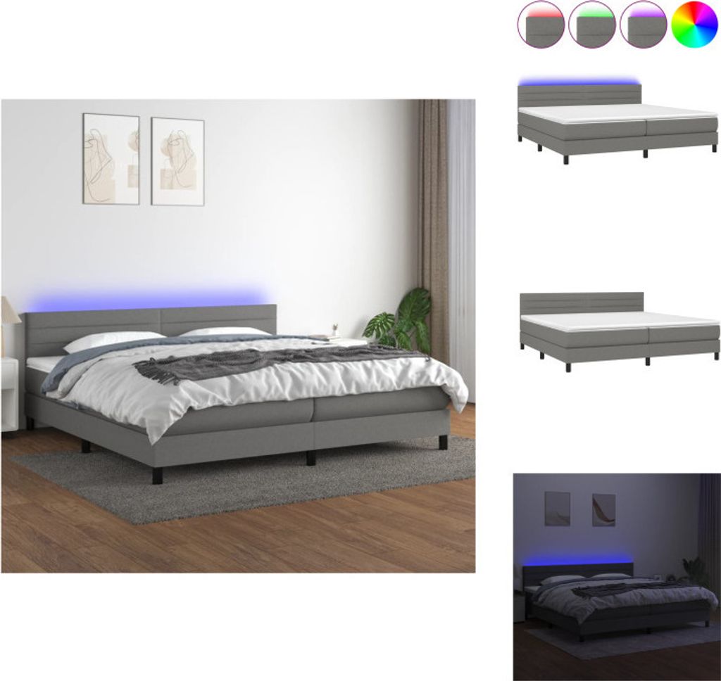 vidaXL Boxspringbett mit Matratze & LED Dunkelgrau 200x200 cm Stoff - Betten & Bettgestelle