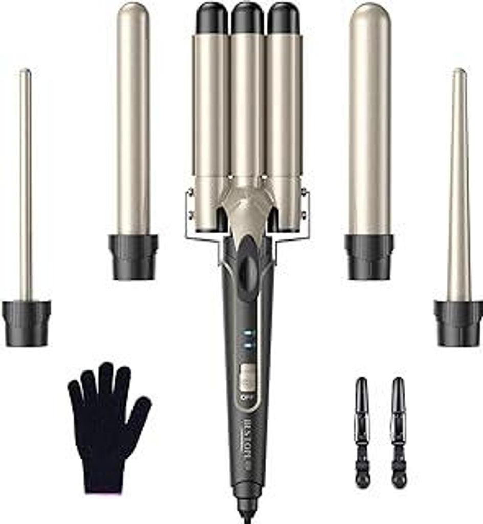BESTOPE PRO Lockenstab set 5 in 1 Welleneisen - Lockenstäbe 3 Fässer für Große Keine Locken Keramik Lockenwickler mit Verschiedenen Aufsätzen ...