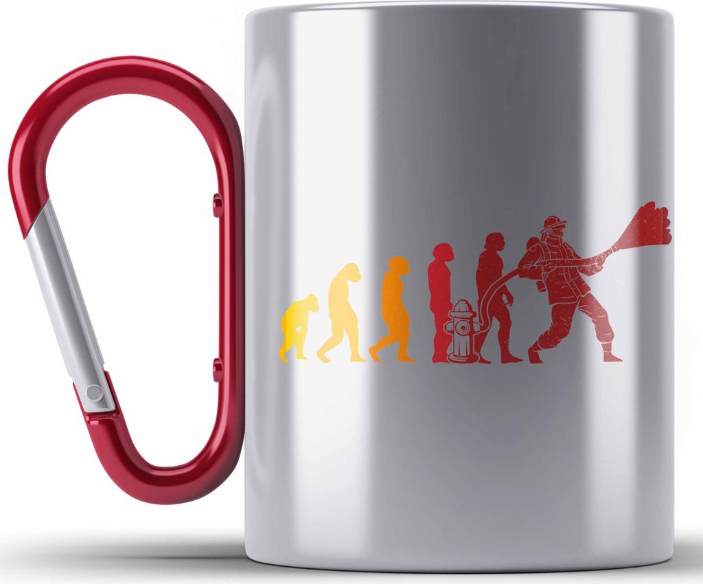 Trendation - Feuerwehr Geschenk Edelstahl Tasse Karabiner Feuerwehrmann Vater Vatertag Spruch Evolution (Rot)