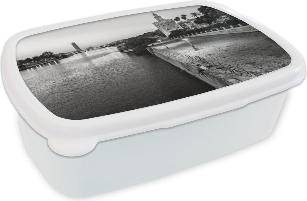 KitchenYeah Lunchbox Brotzeit Brotdose 17x11 cm Der Fluss Guadalquivir in Sevilla und der Torre del Oro in der Dämmerung - schwarz-weiß Kinder ...